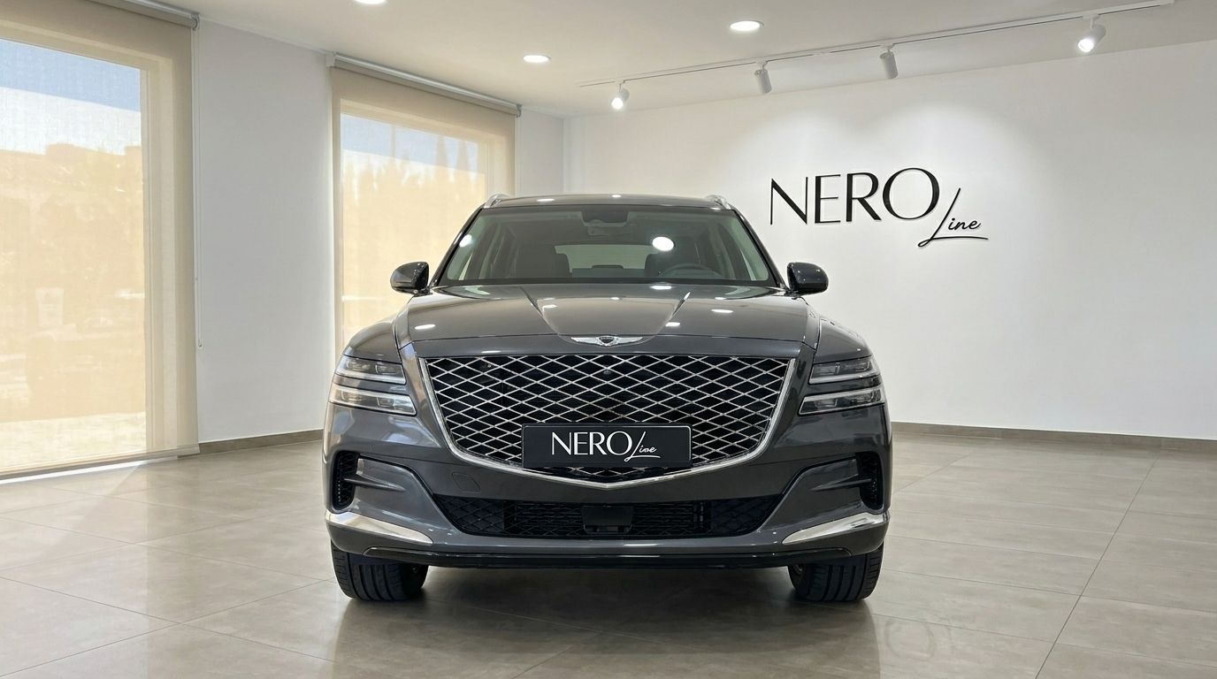 The 2022 Genesis GV80, a dark grey luxury SUV, is shown from the front in a bright Alicante showroom.
