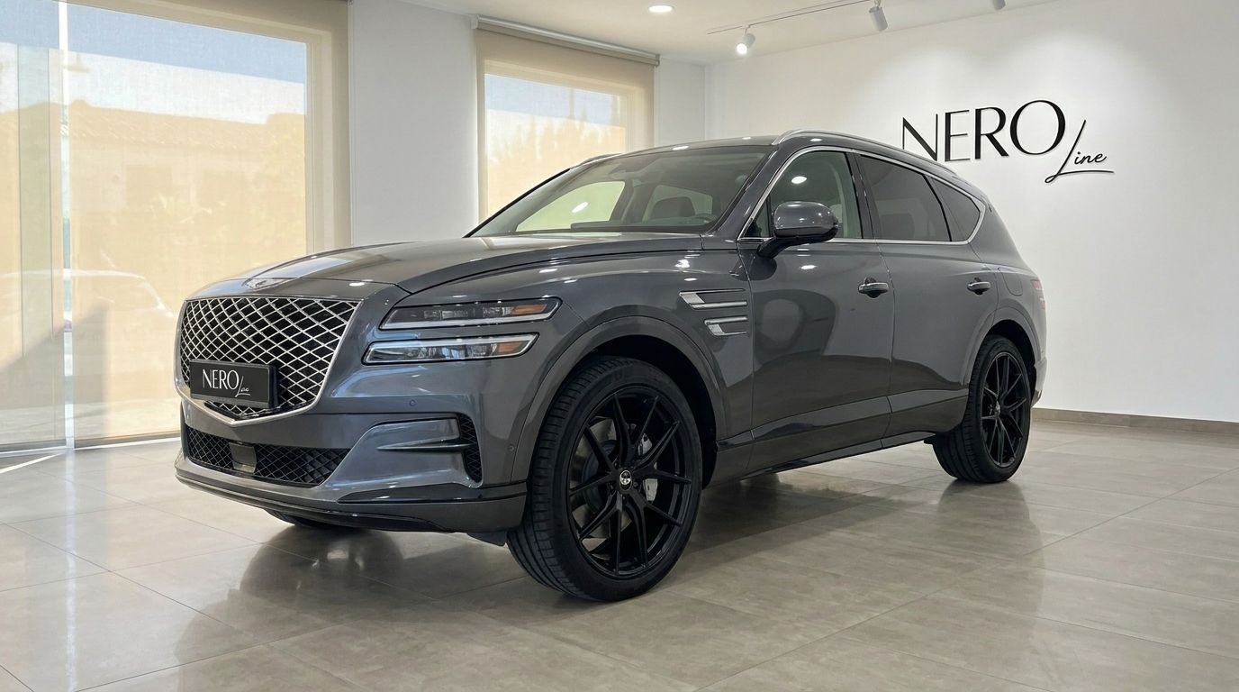 The dark grey Genesis GV80 luxury SUV is displayed in a showroom, showcasing its elegant front three-quarter view with black wheels in Alicante.