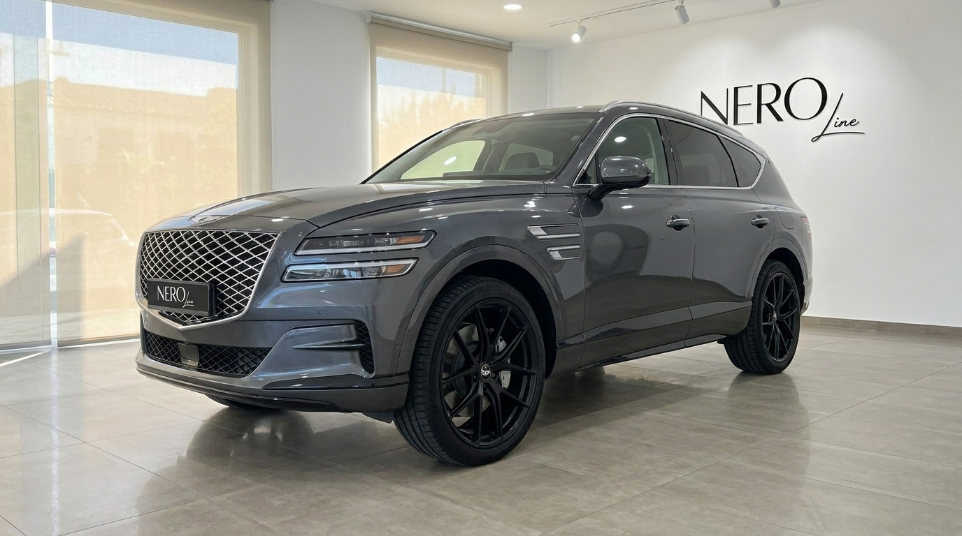 Genesis GV80 — Elegant SUV in Alicante Showroom The dark grey Genesis GV80 luxury SUV is displayed in a showroom, showcasing its elegant front three-quarter view with black wheels in Alicante.