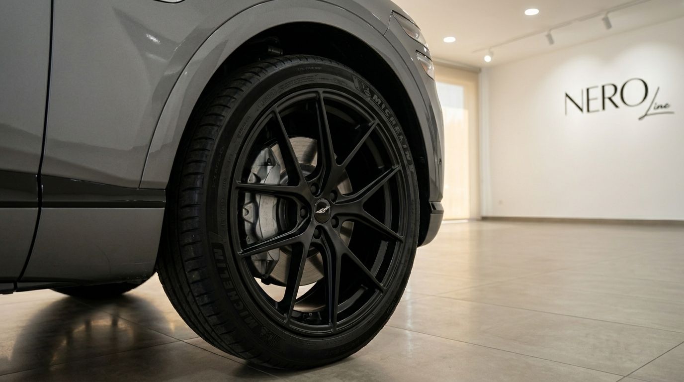 The Genesis GV80's sleek black front wheel and fender are prominently displayed in a showroom in Alicante.