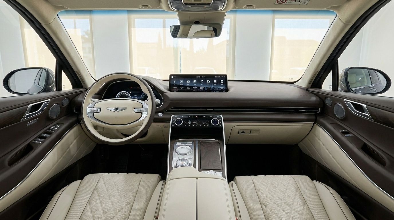 Genesis GV80's luxurious interior, showcasing the elegant dashboard, steering wheel, and cream/brown seats, Alicante.