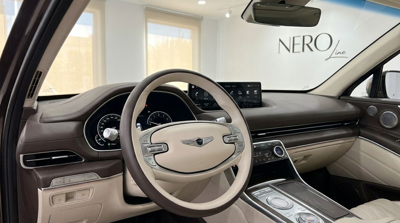 The luxurious interior of the 2022 Genesis GV80, showcasing its elegant two-tone steering wheel, dashboard, and central console in Alicante.