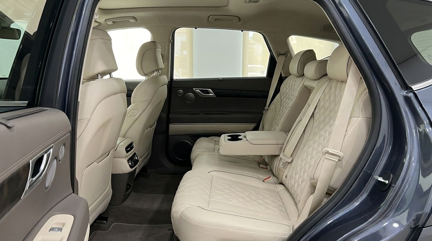 Genesis GV80's luxurious rear interior in Alicante, featuring quilted beige leather seats and open doors.