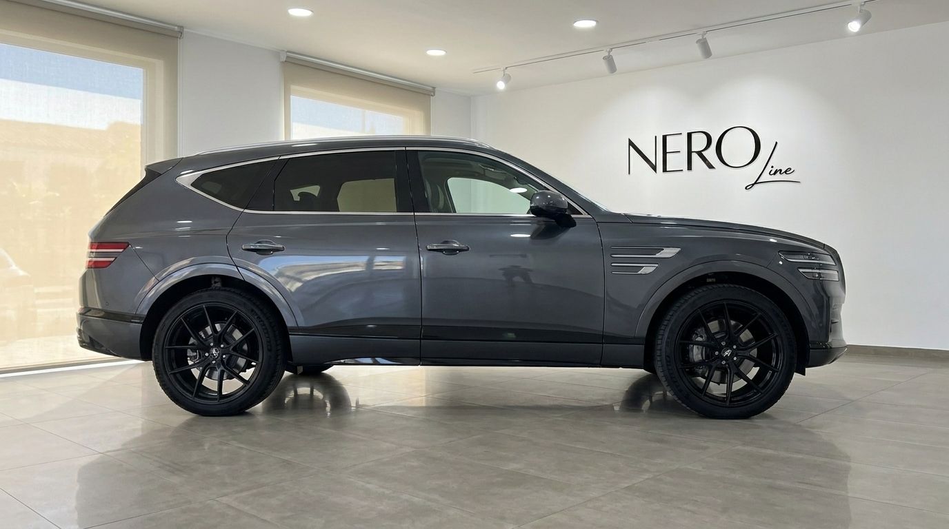 The Genesis GV80 luxury SUV is displayed in a showroom, showcasing its elegant dark grey side profile and black wheels in Alicante.
