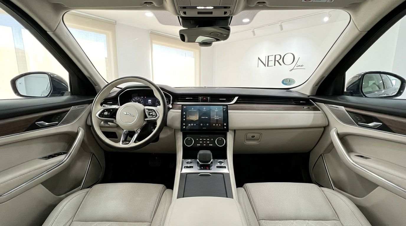 The luxurious cockpit and dashboard of the 2022 Jaguar F-Pace, featuring a large infotainment screen and light-colored interior, available in Alicante.