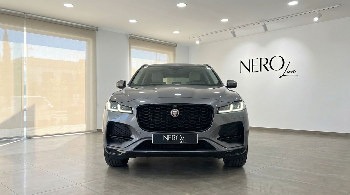 The grey 2022 Jaguar F-Pace is showcased from a direct front view in a bright showroom in Alicante.