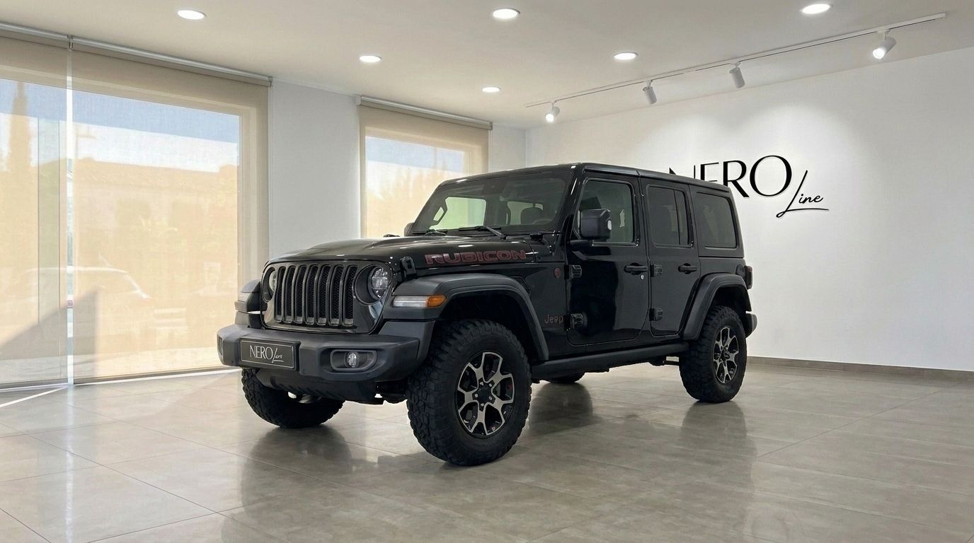 Un Jeep Rubicon 2026 negro brillante está aparcado en el interior, mostrando su robusta vista frontal tres cuartos en Ibiza.