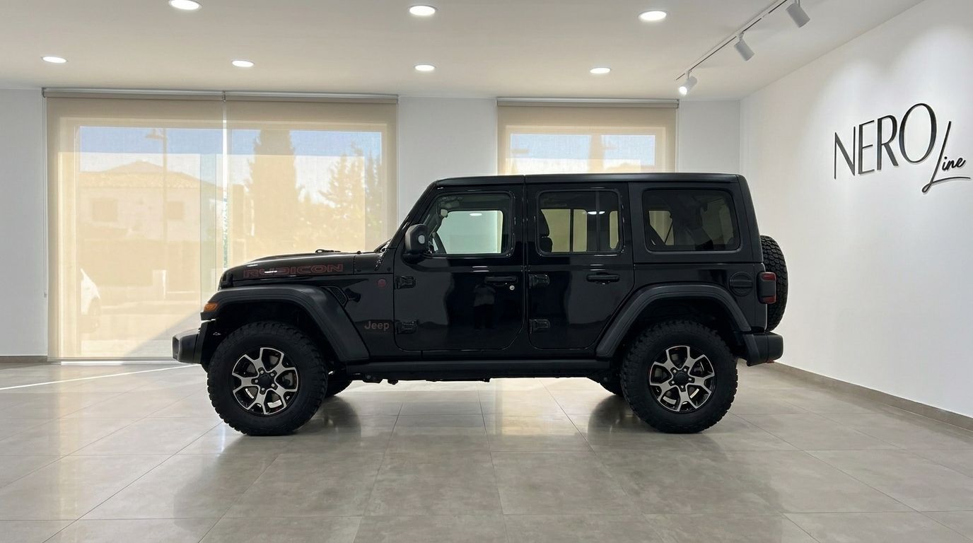 El Jeep Rubicon negro brillante se exhibe de perfil en una luminosa sala de exposición en Ibiza.