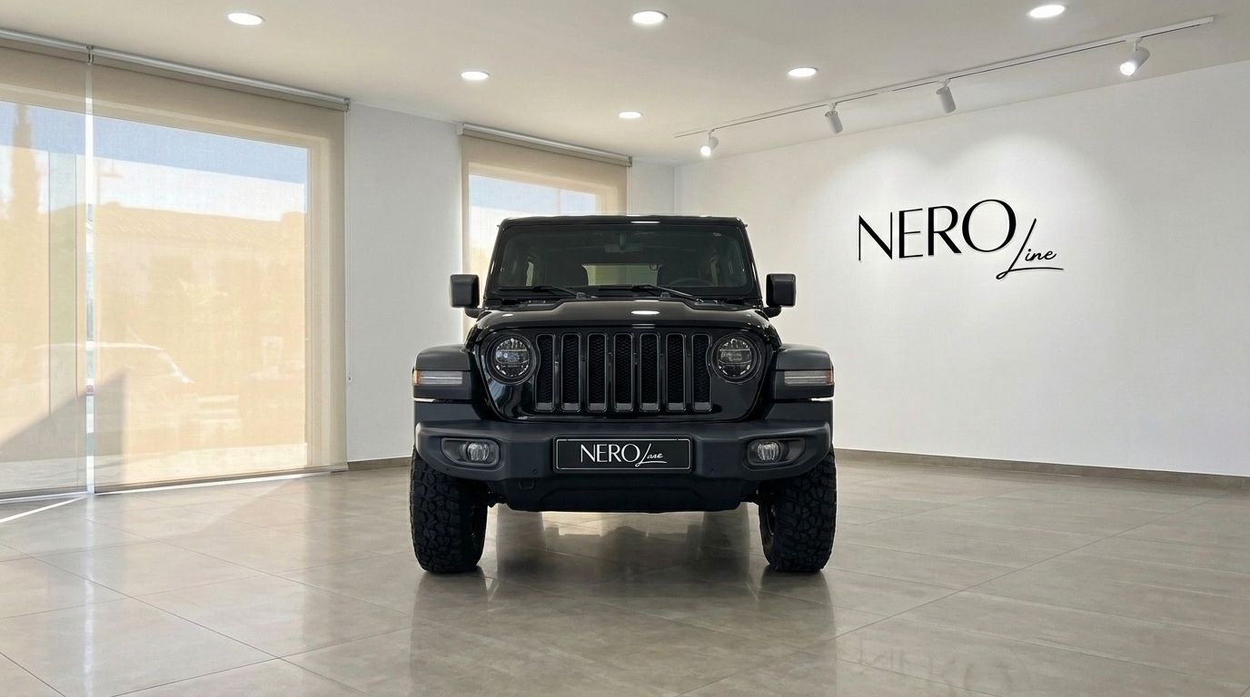 Un Jeep Rubicon negro brillante está aparcado de frente en un moderno showroom en Ibiza, con el logo de NEROline visible.