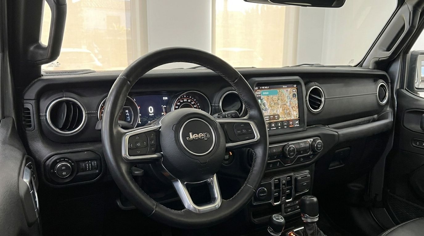 El interior del Jeep Rubicon 2026 en Ibiza, mostrando el volante, el salpicadero y el sistema de infoentretenimiento con navegación.