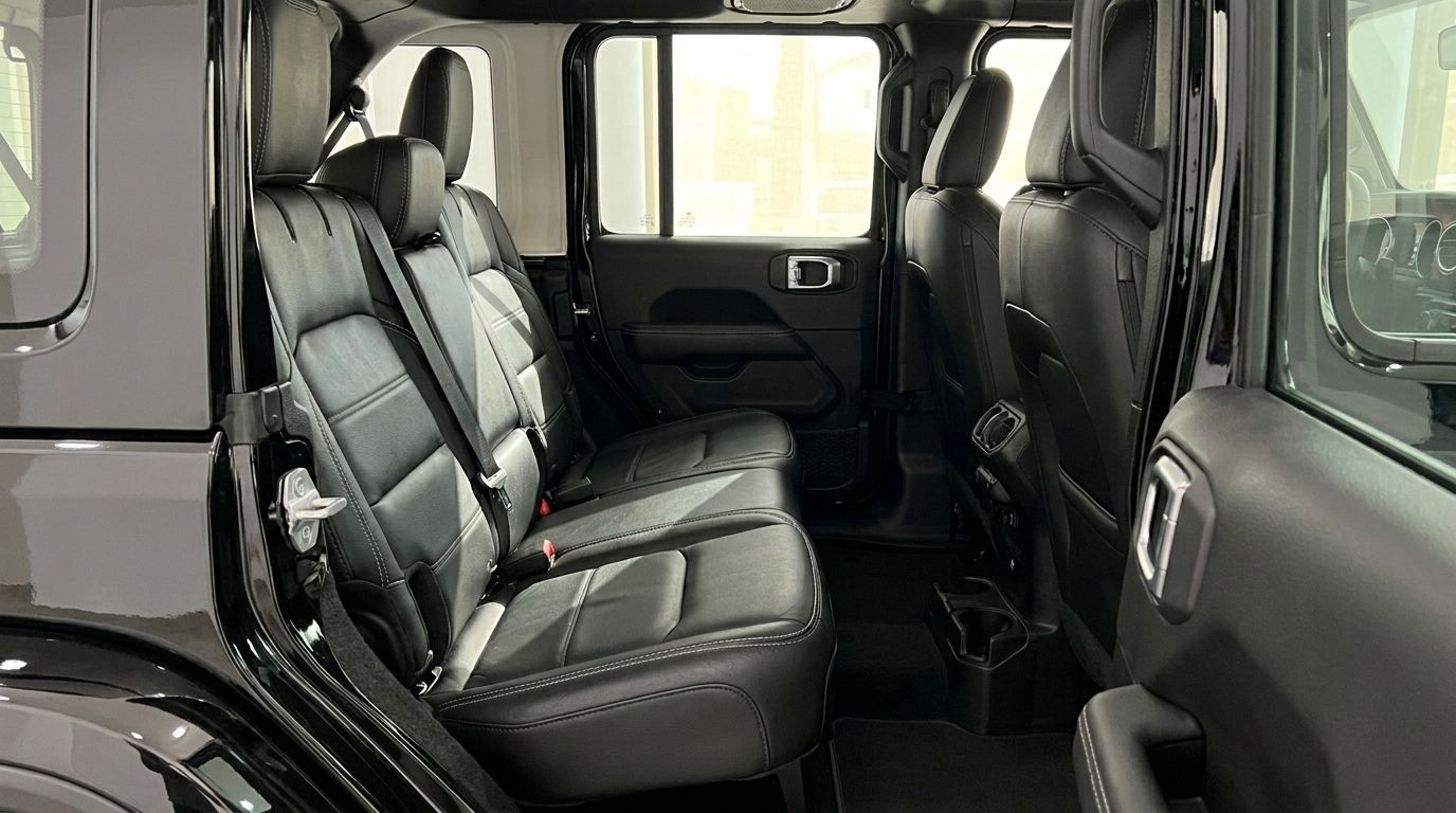 Los amplios asientos traseros de cuero negro y el interior del Jeep Rubicon, disponible para alquiler de lujo en Ibiza.