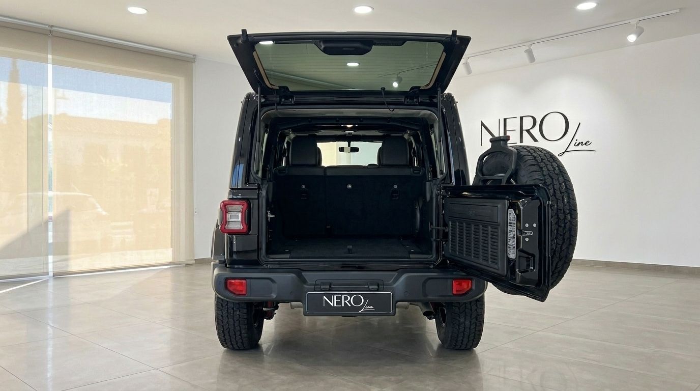Vista trasera del Jeep Rubicon negro en Ibiza, mostrando su maletero abierto, amplia zona de carga y rueda de repuesto exterior.