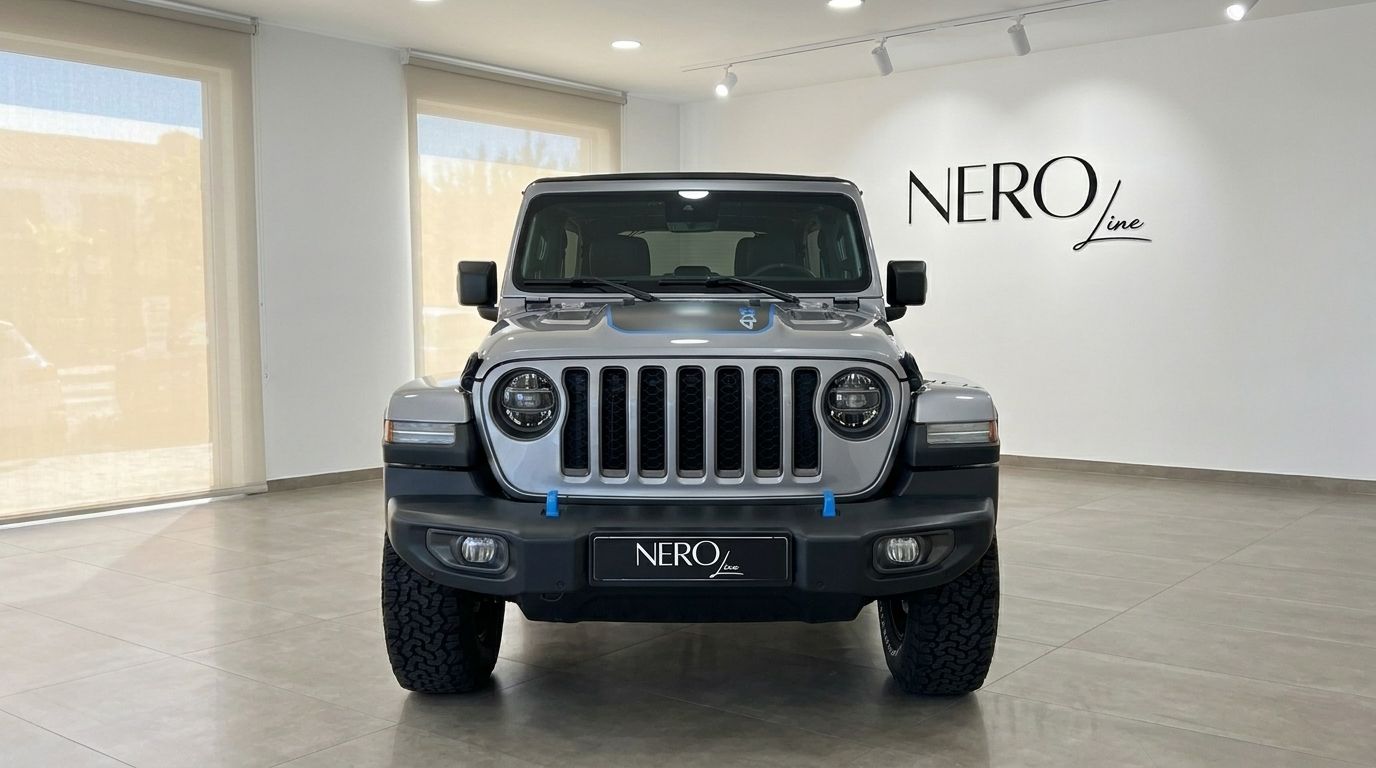 The silver Jeep Rubicon 4xe Hybrid Cabrio is shown from a direct front view in a bright showroom in Ibiza.