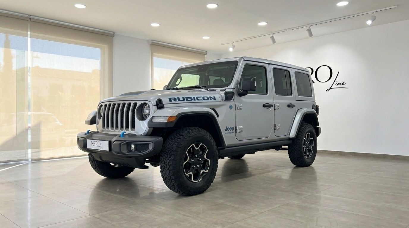 A glossy silver Jeep Rubicon 4xe Hybrid Cabrio is prominently displayed from a front three-quarter view inside a showroom in Ibiza.