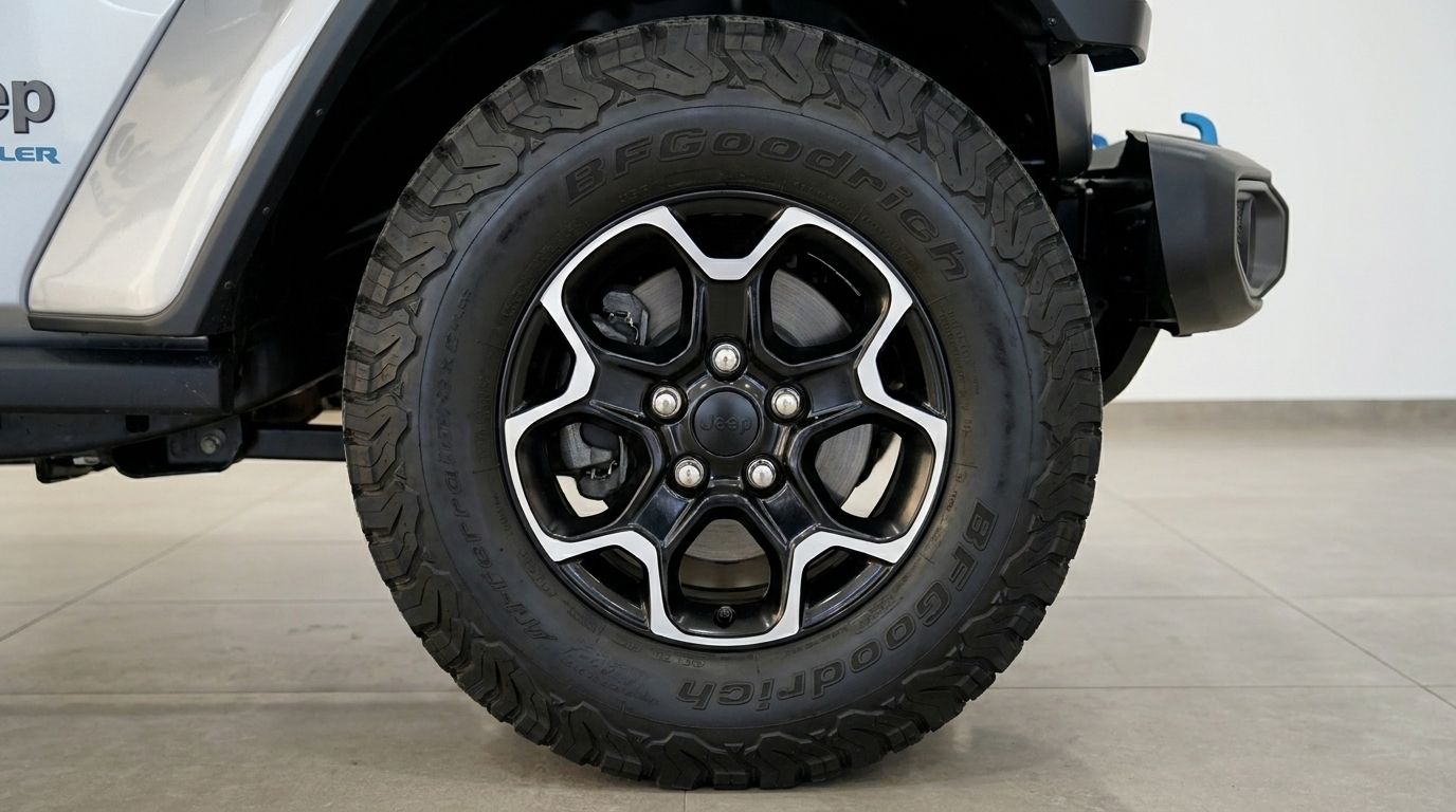 Close-up of the rugged BFGoodrich tire and black-and-silver alloy wheel on the Jeep Rubicon 4xe Hybrid Cabrio in Ibiza.