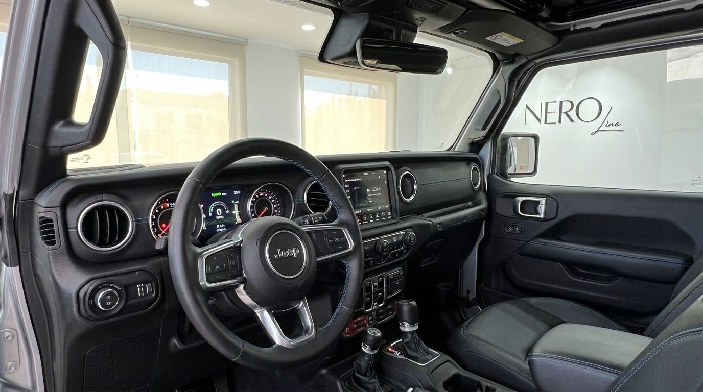 The luxurious interior of the 2026 Jeep Rubicon 4xe Hybrid Cabrio in Ibiza, showcasing the dashboard, steering wheel, and front passenger seat.