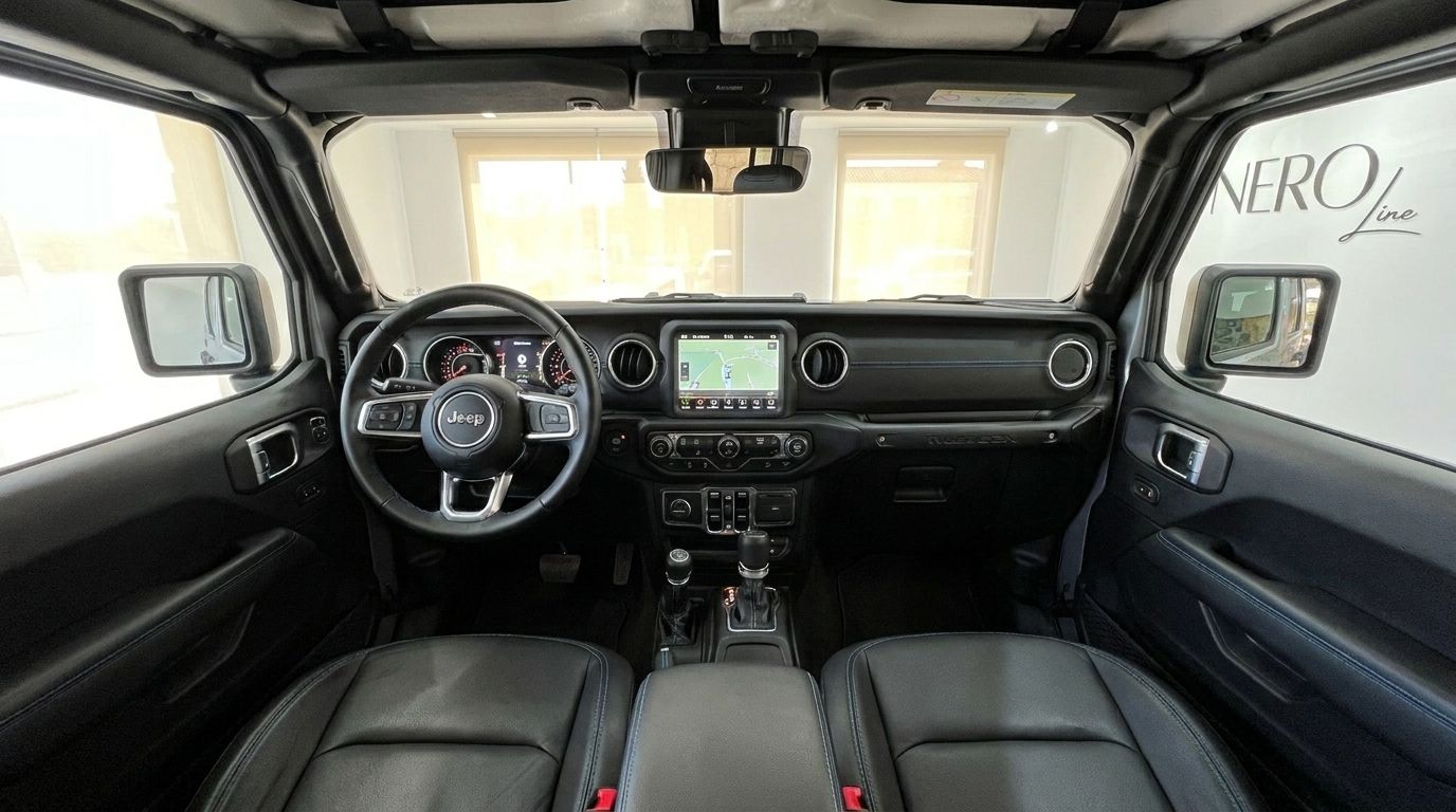 The interior cockpit of the Jeep Rubicon 4xe Hybrid Cabrio in Ibiza, featuring the dashboard, steering wheel, and front seats.