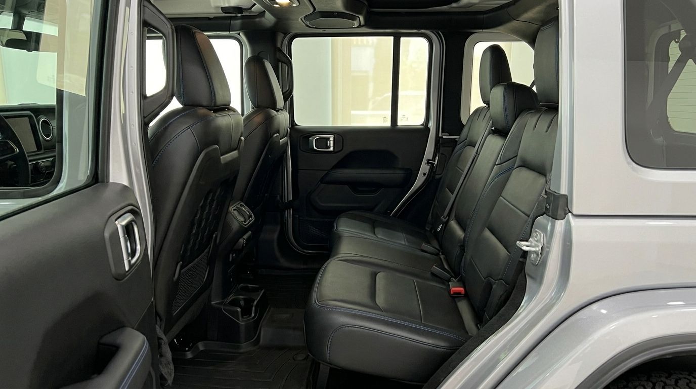 The rear interior of the Jeep Rubicon 4xe Hybrid Cabrio in Ibiza, showcasing its black leather seats with blue stitching and door panels.