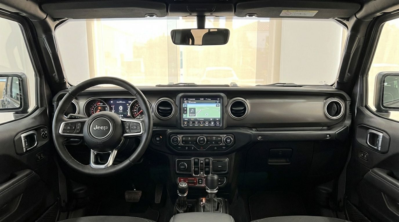 The interior cockpit of the 2022 Jeep Sahara in Alicante, featuring the steering wheel, digital dashboard, and infotainment screen.