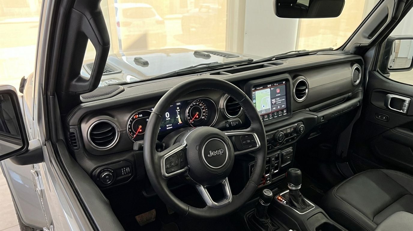 The luxurious interior of the 2022 Jeep Sahara in Alicante, featuring its steering wheel, dashboard, and infotainment screen.