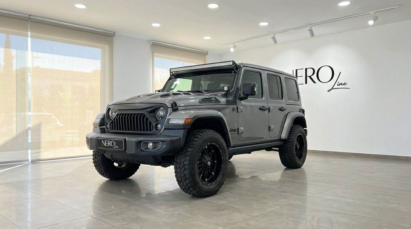 The metallic grey Jeep Sahara, featuring a front three-quarter view of its rugged exterior, is showcased in a modern Alicante showroom.