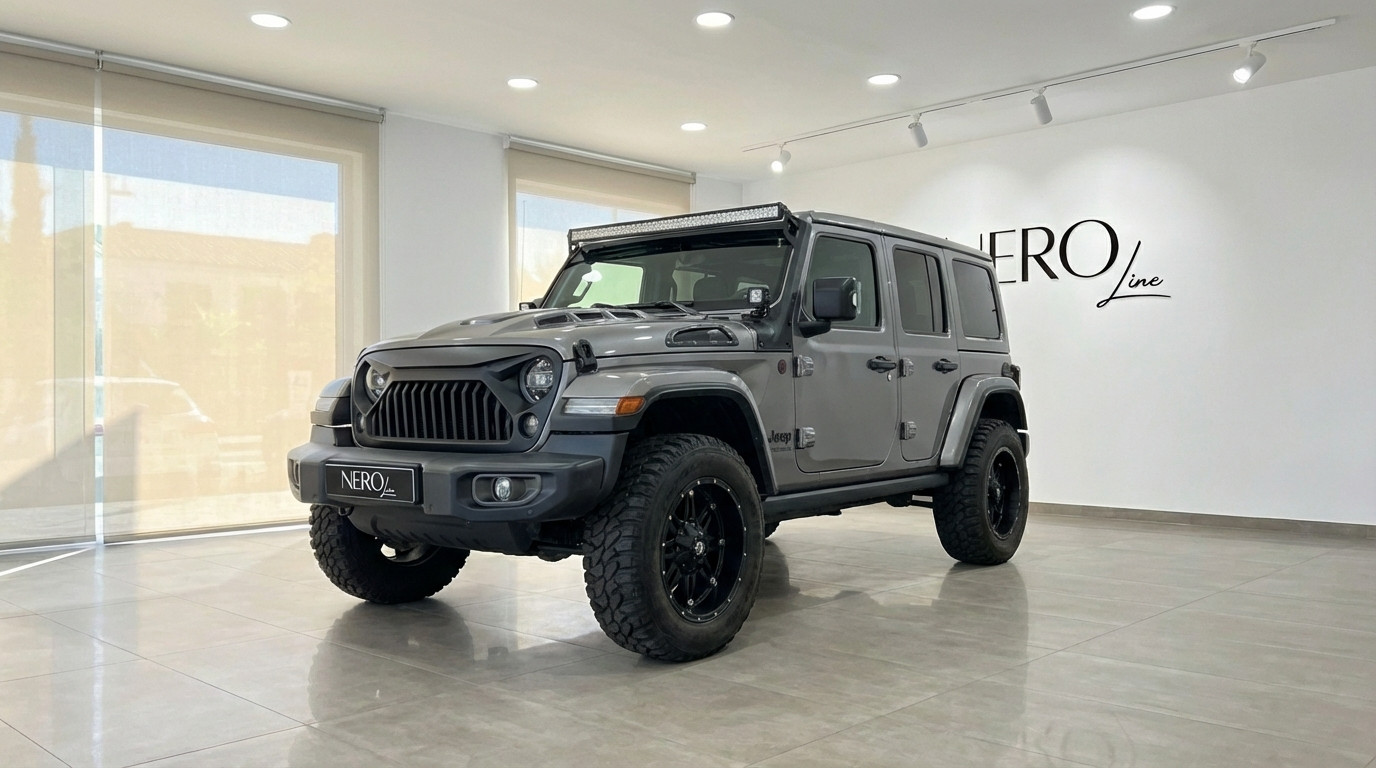 Jeep Sahara — Metallic grey exterior in Alicante The metallic grey Jeep Sahara, featuring a front three-quarter view of its rugged exterior, is showcased in a modern Alicante showroom.