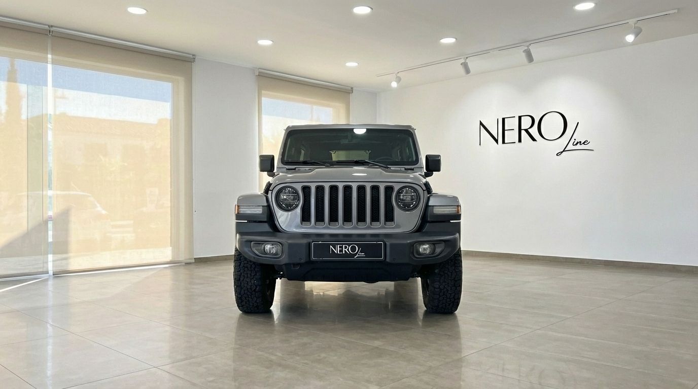 The metallic grey 2022 Jeep Sahara is prominently displayed from the front in a bright showroom in Alicante.