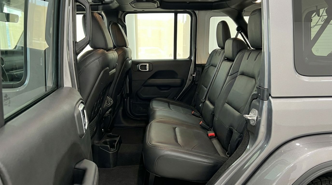 The spacious black leather rear seats and interior of the Jeep Sahara in Alicante are visible, offering comfort and style.