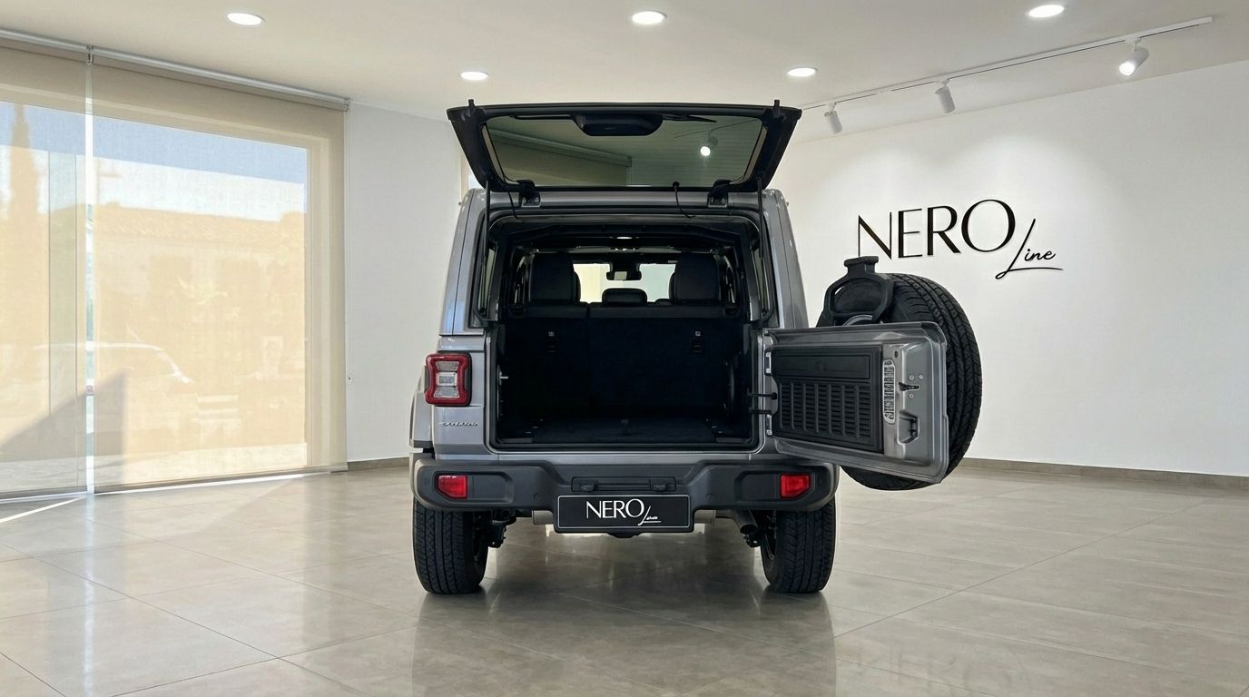 The metallic grey Jeep Sahara 2022 is shown from the rear with its tailgate and trunk open, revealing its spacious interior in Alicante.