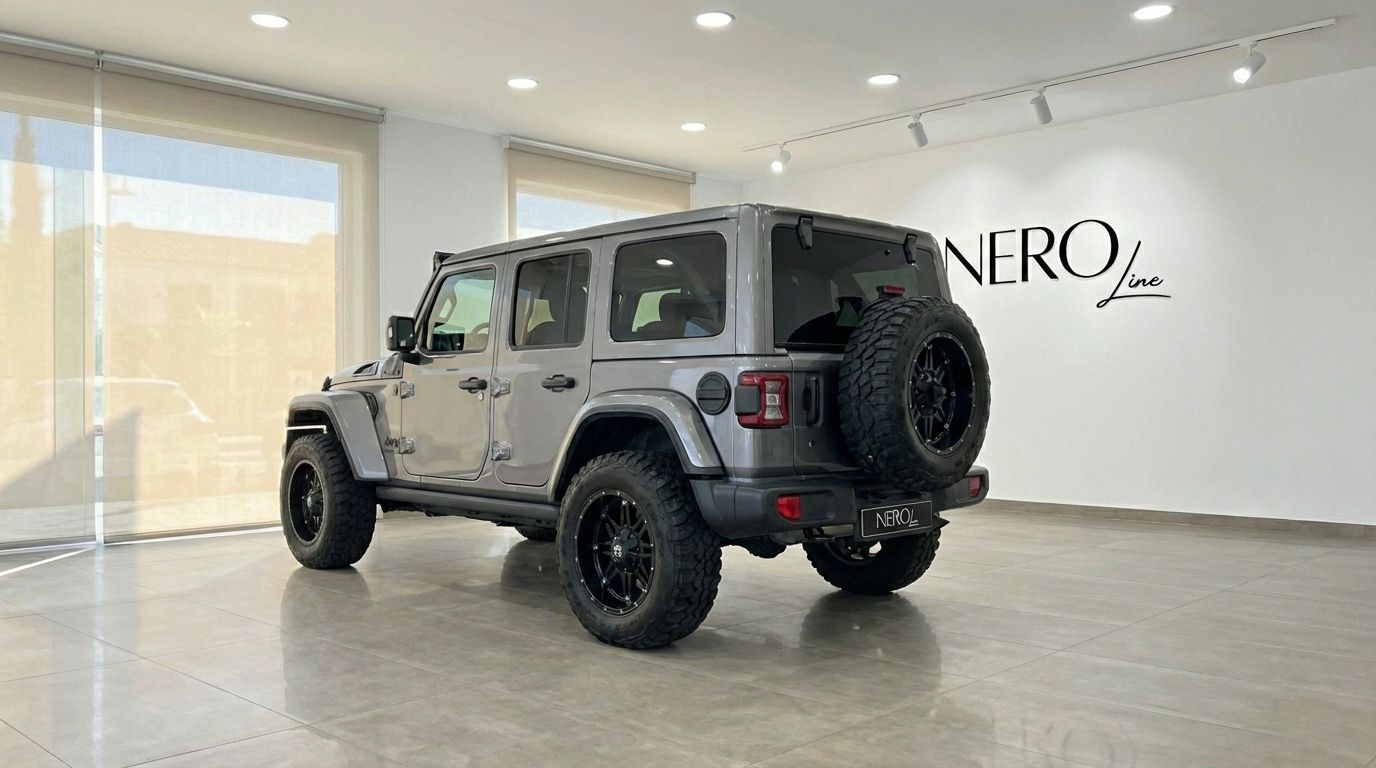 The metallic grey 2022 Jeep Sahara, featuring rugged off-road tires and a rear-mounted spare wheel, is parked in an Alicante showroom.