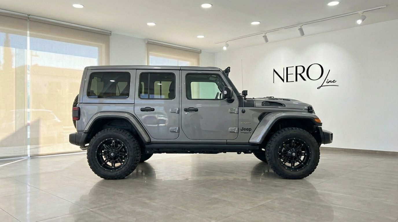 The metallic grey 2022 Jeep Sahara is showcased from a side view in a modern showroom in Alicante.