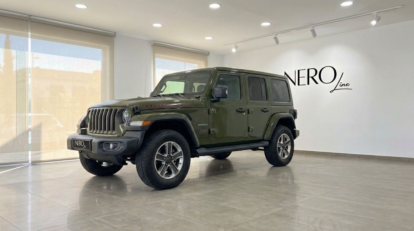 The olive green 2021 Jeep Wrangler Rubicon is parked indoors, showcasing its front three-quarter view in Mallorca.