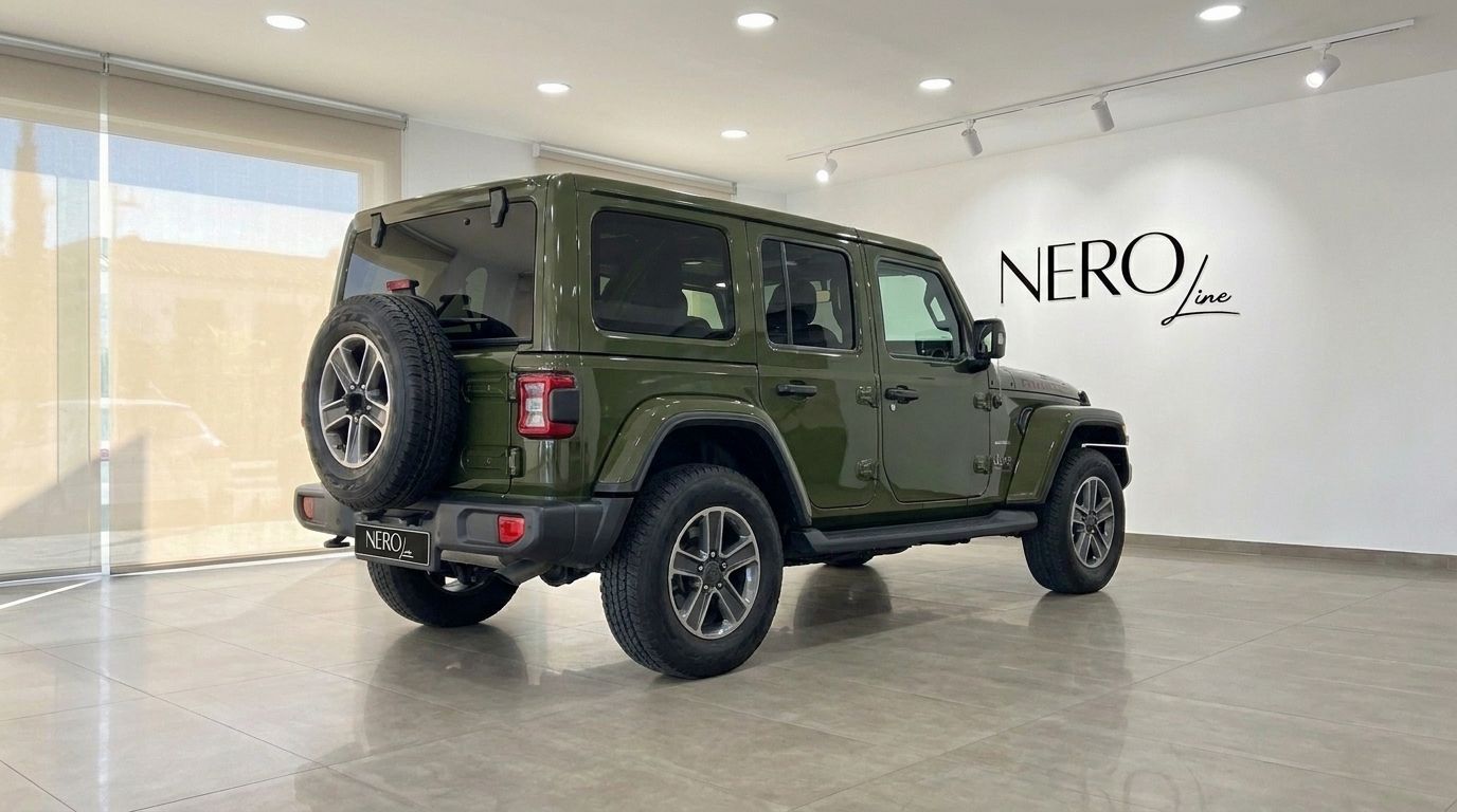 The green Jeep Wrangler Rubicon is shown from a rear three-quarter angle, parked indoors in a showroom in Mallorca.