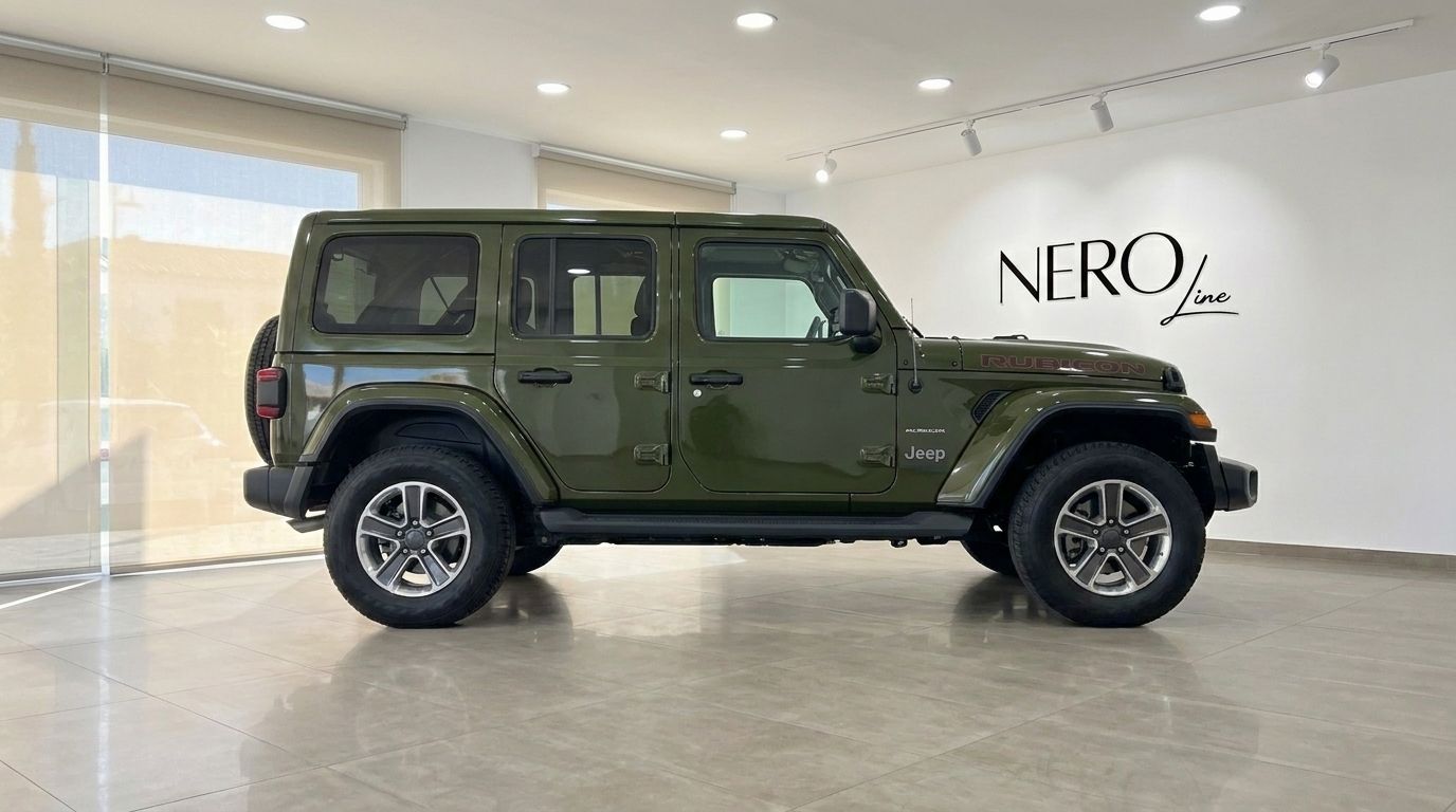 The green Jeep Wrangler Rubicon is parked in a bright showroom in Mallorca, showcasing its rugged side profile and design.