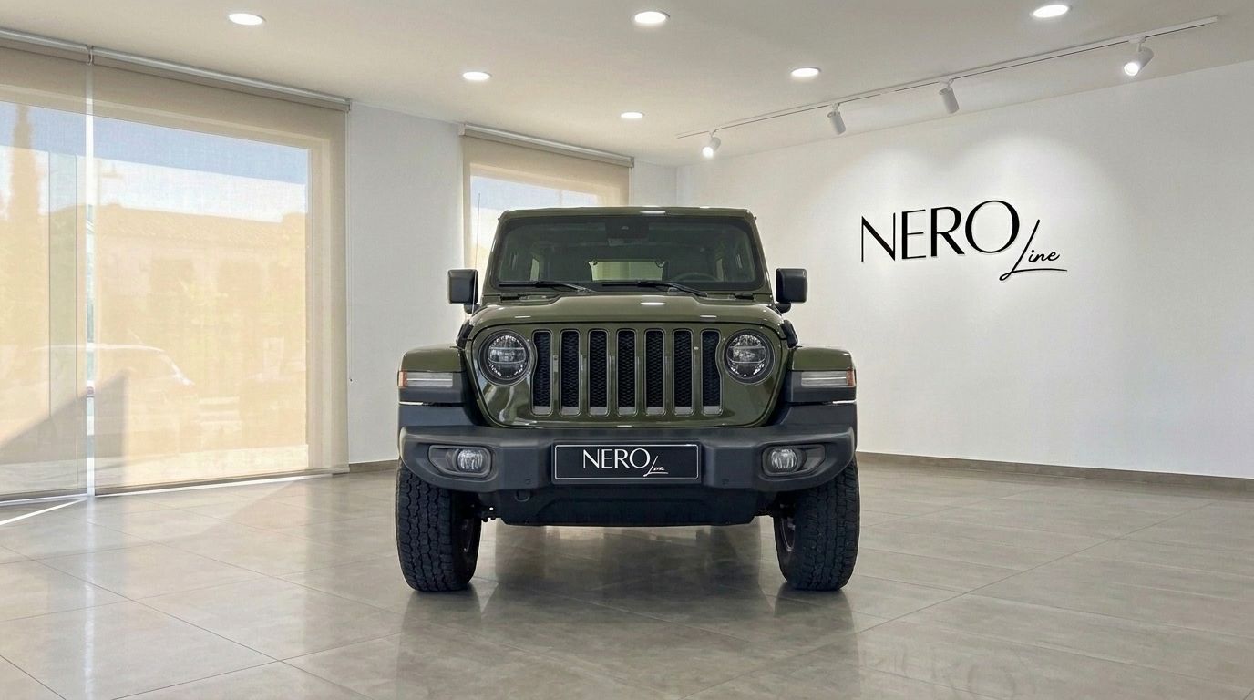 The front view of a dark green Jeep Wrangler Rubicon parked in a showroom in Mallorca.