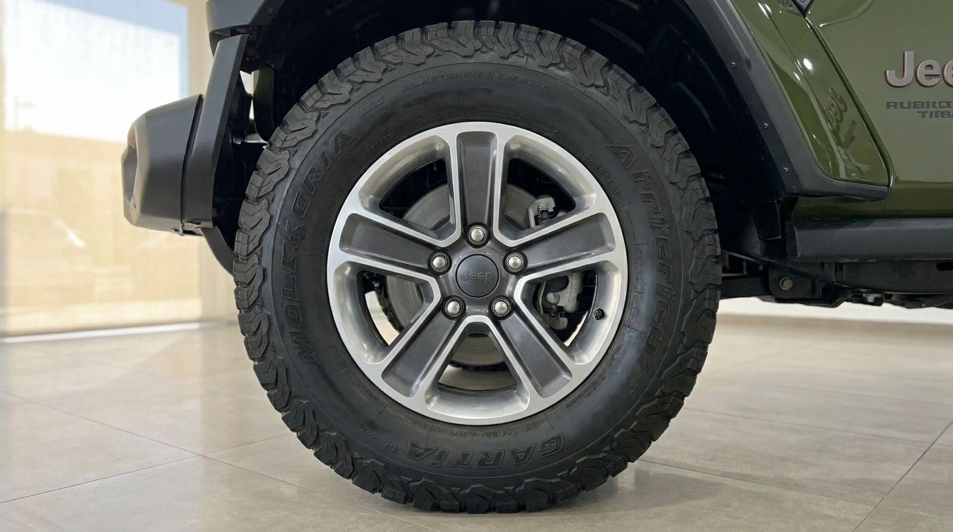 The rugged front wheel and tire of the Jeep Wrangler Rubicon are prominently displayed in Mallorca.
