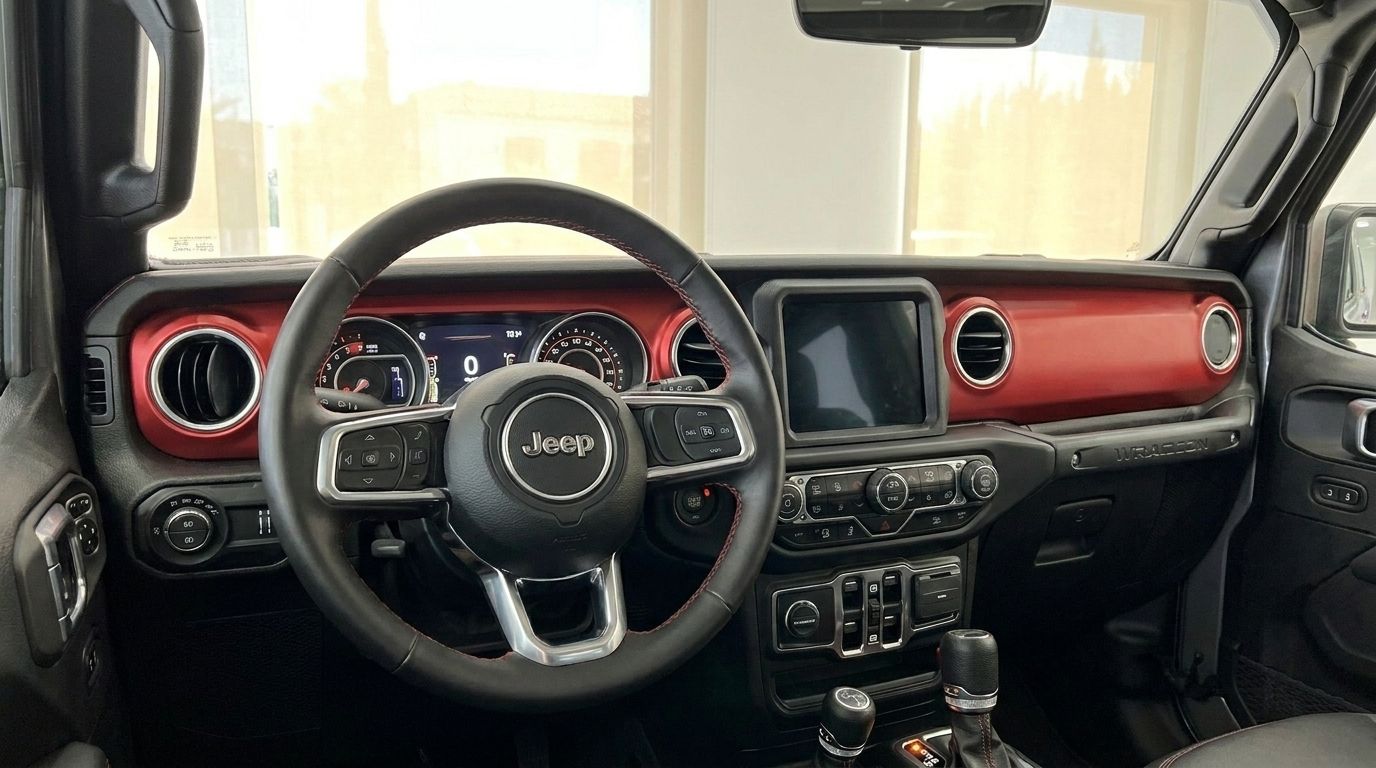 The interior of the Jeep Wrangler Rubicon in Mallorca features a detailed view of the dashboard, steering wheel, and infotainment screen with red trim accents.