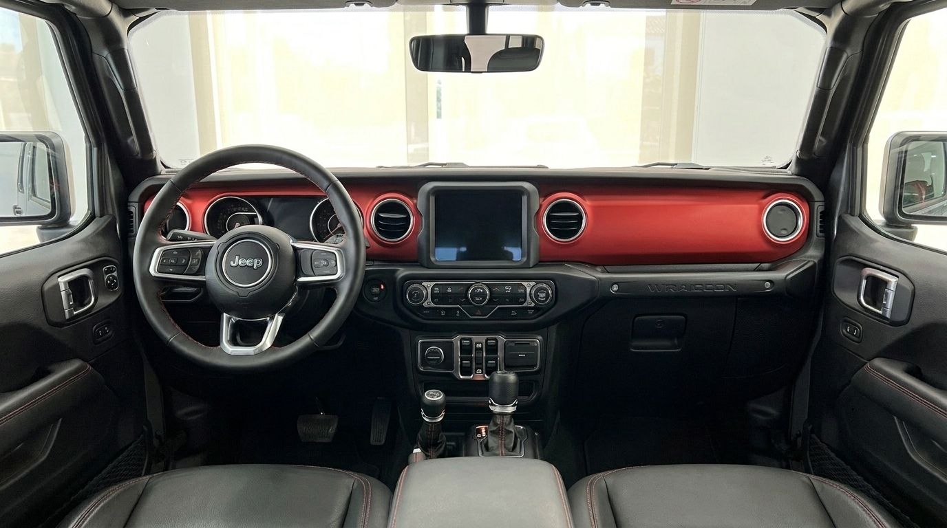 The interior dashboard of the Jeep Wrangler Rubicon in Mallorca features a red accent panel, steering wheel, and central display.