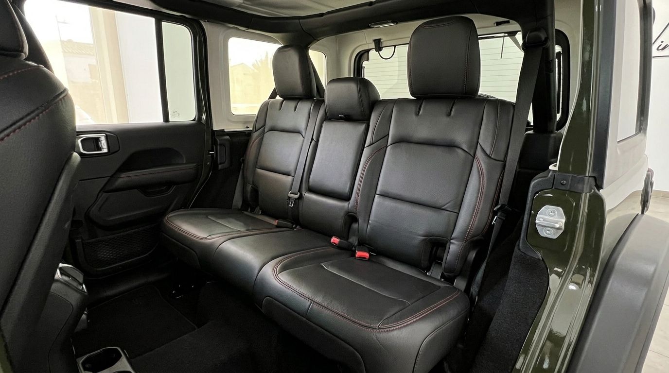 The spacious black leather rear seats with distinctive red stitching inside the Jeep Wrangler Rubicon in Mallorca.