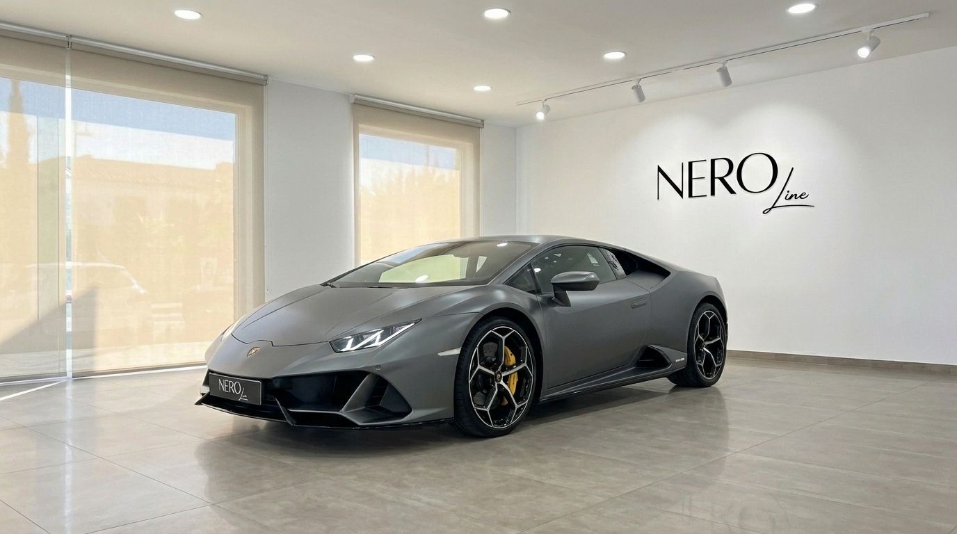 The matte grey Lamborghini Huracan EVO is parked in a bright showroom with the NEROline logo in Mallorca.