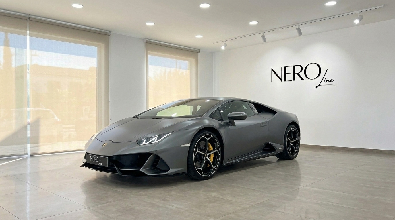 Lamborghini Huracan EVO — Showroom in Mallorca The matte grey Lamborghini Huracan EVO is parked in a bright showroom with the NEROline logo in Mallorca.