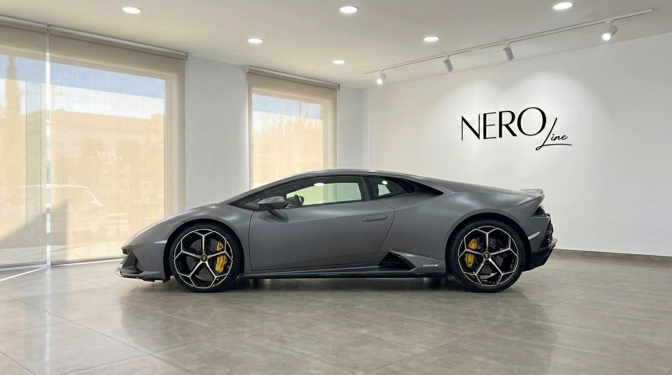 The sleek matte grey Lamborghini Huracan EVO is parked indoors, showcasing its elegant side profile in Mallorca.