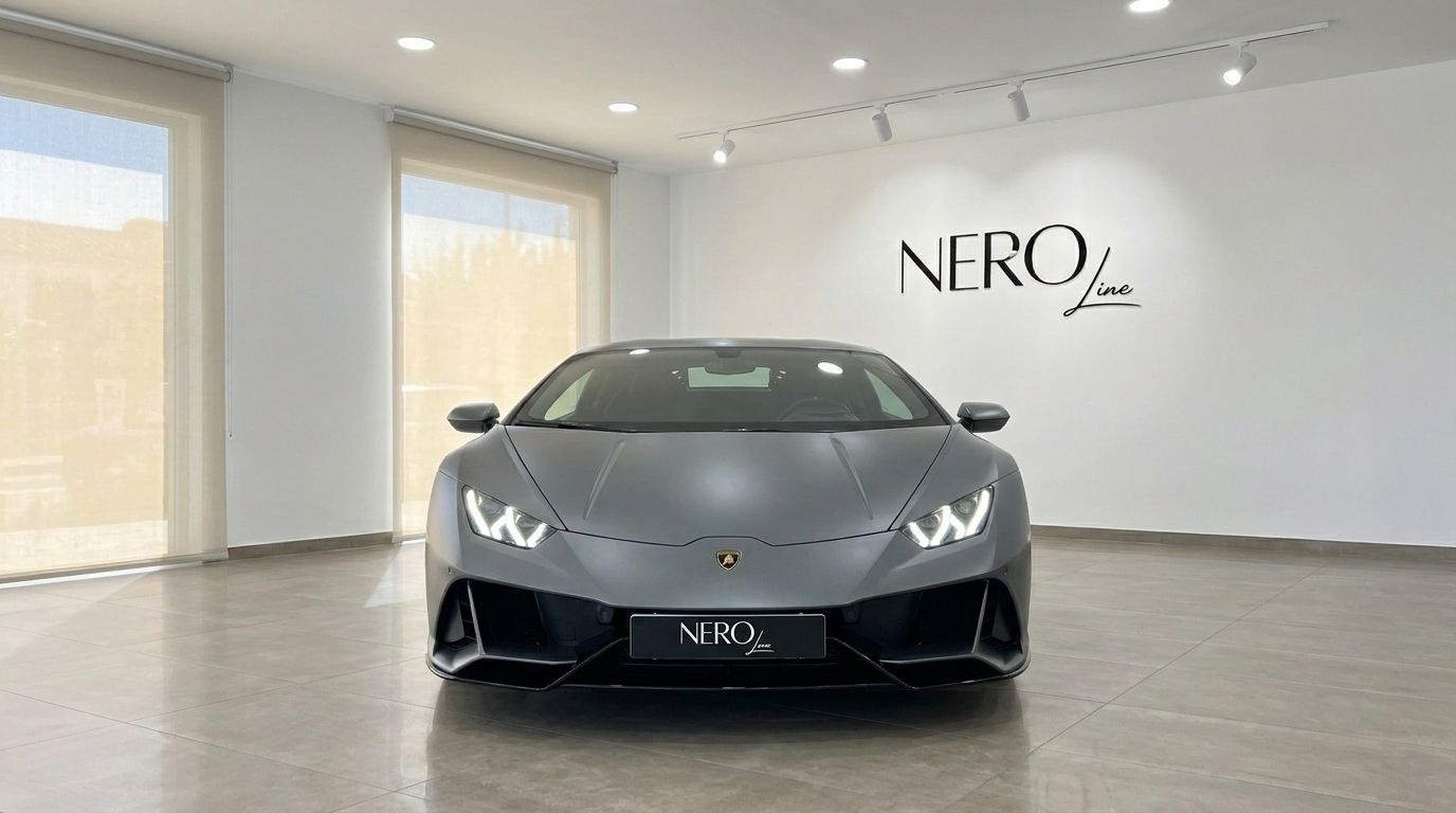 The matte grey Lamborghini Huracan EVO is presented frontally in a bright showroom in Mallorca, ready for rental.