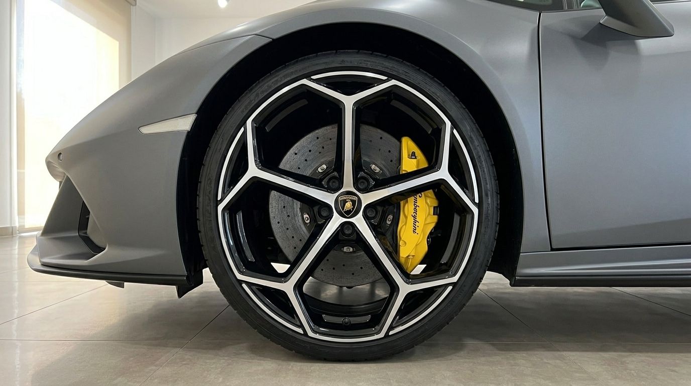 The front wheel of a matte grey Lamborghini Huracan EVO in Mallorca, featuring a distinctive black and silver rim with a bright yellow brake caliper.
