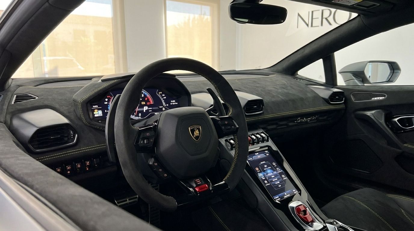 The luxurious interior of the Lamborghini Huracan EVO in Mallorca, featuring the steering wheel, digital dashboard, and central console.