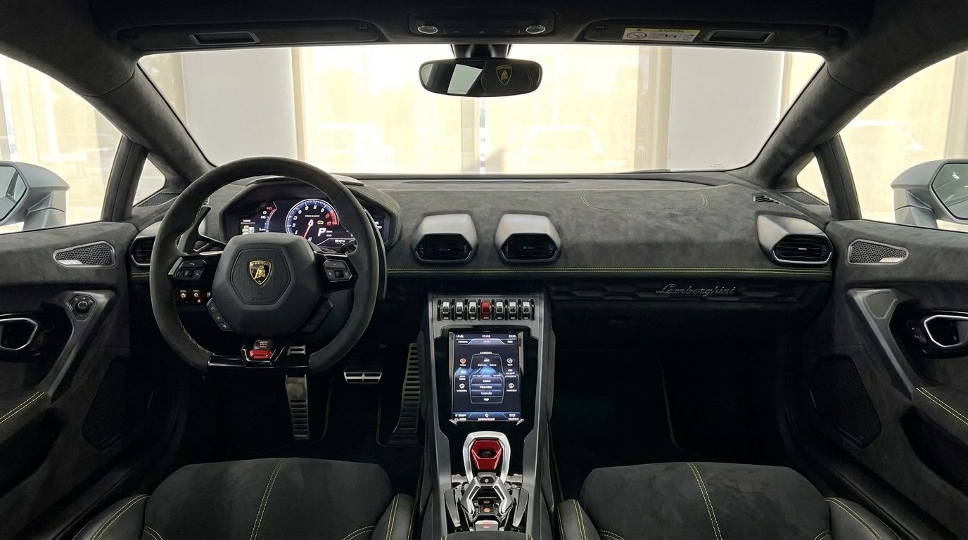The luxurious interior of the 2020 Lamborghini Huracan EVO in Mallorca, featuring the steering wheel, digital dashboard, and central console.