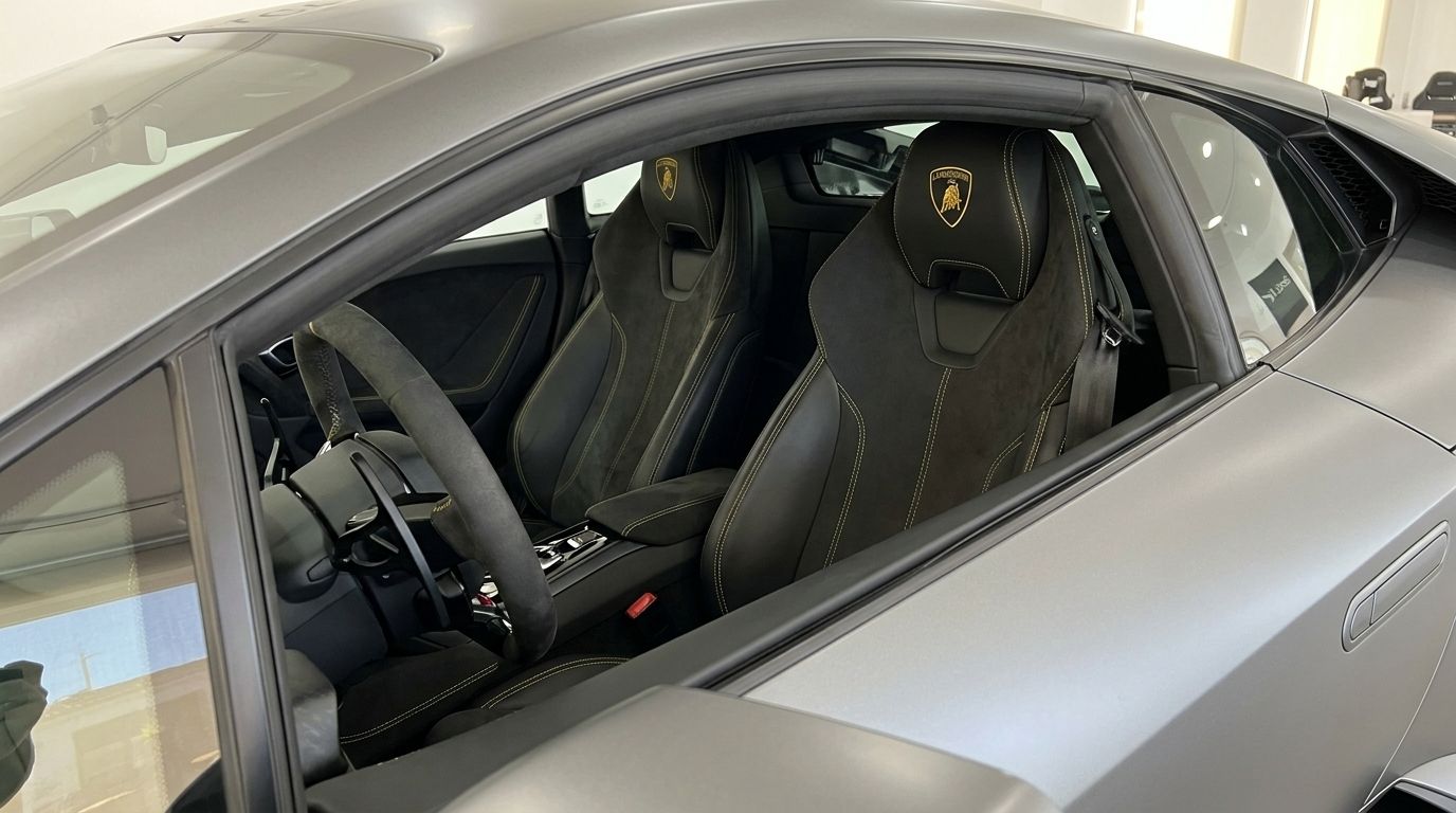 The luxurious interior of the Lamborghini Huracan EVO in Mallorca, showcasing black seats with yellow stitching and the steering wheel.