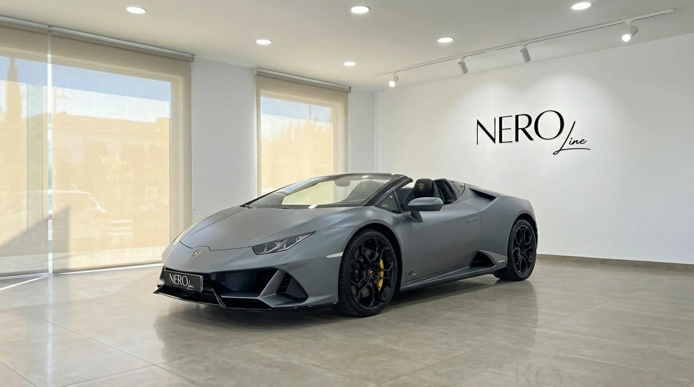Lamborghini Huracan Evo Spyder — Ibiza showroom The matte gray Lamborghini Huracan Evo Spyder 60th Anniversary is elegantly displayed in a showroom in Ibiza.