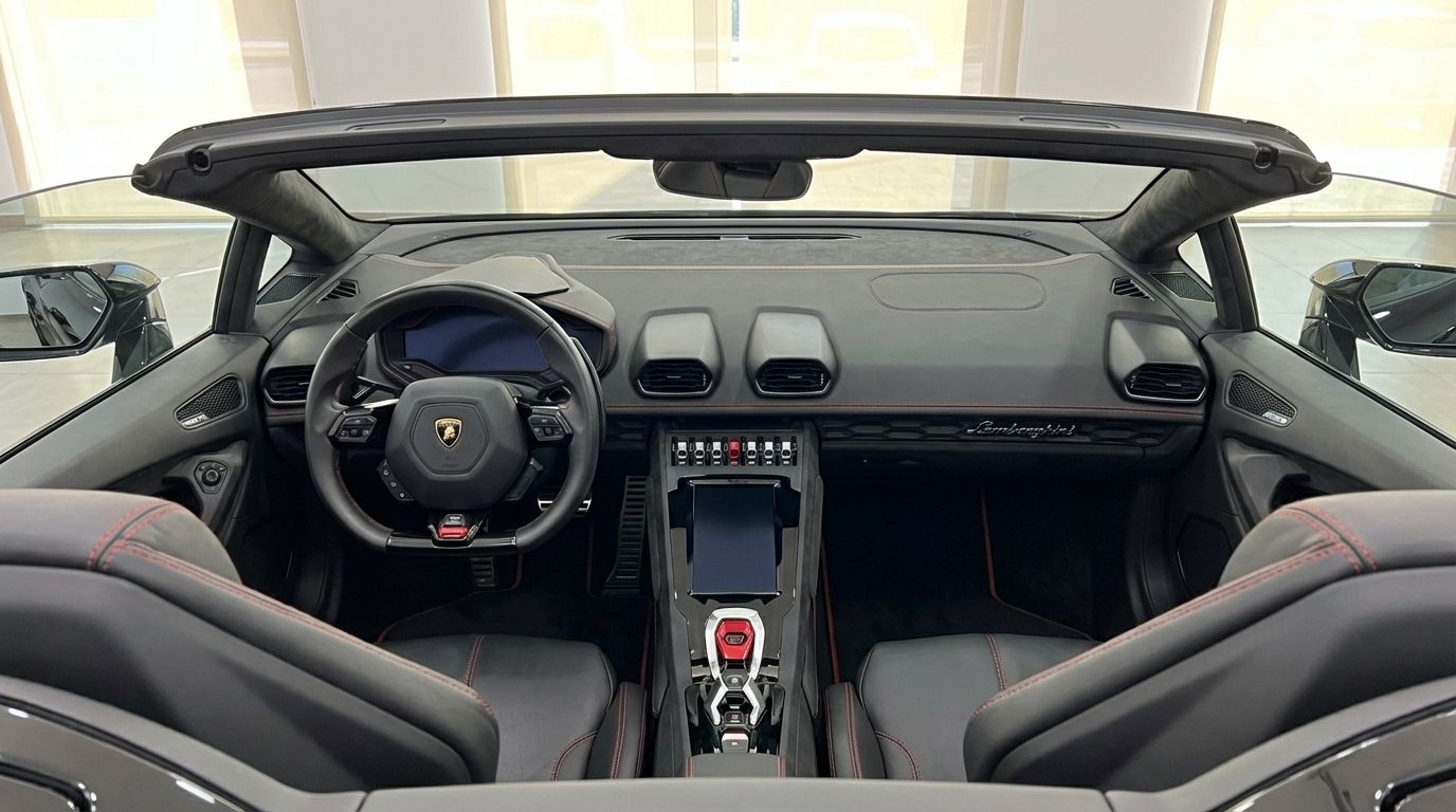 The luxurious black interior of the Lamborghini Huracan Evo Spyder, featuring the dashboard, steering wheel, and seats with red stitching, visible in Alicante.