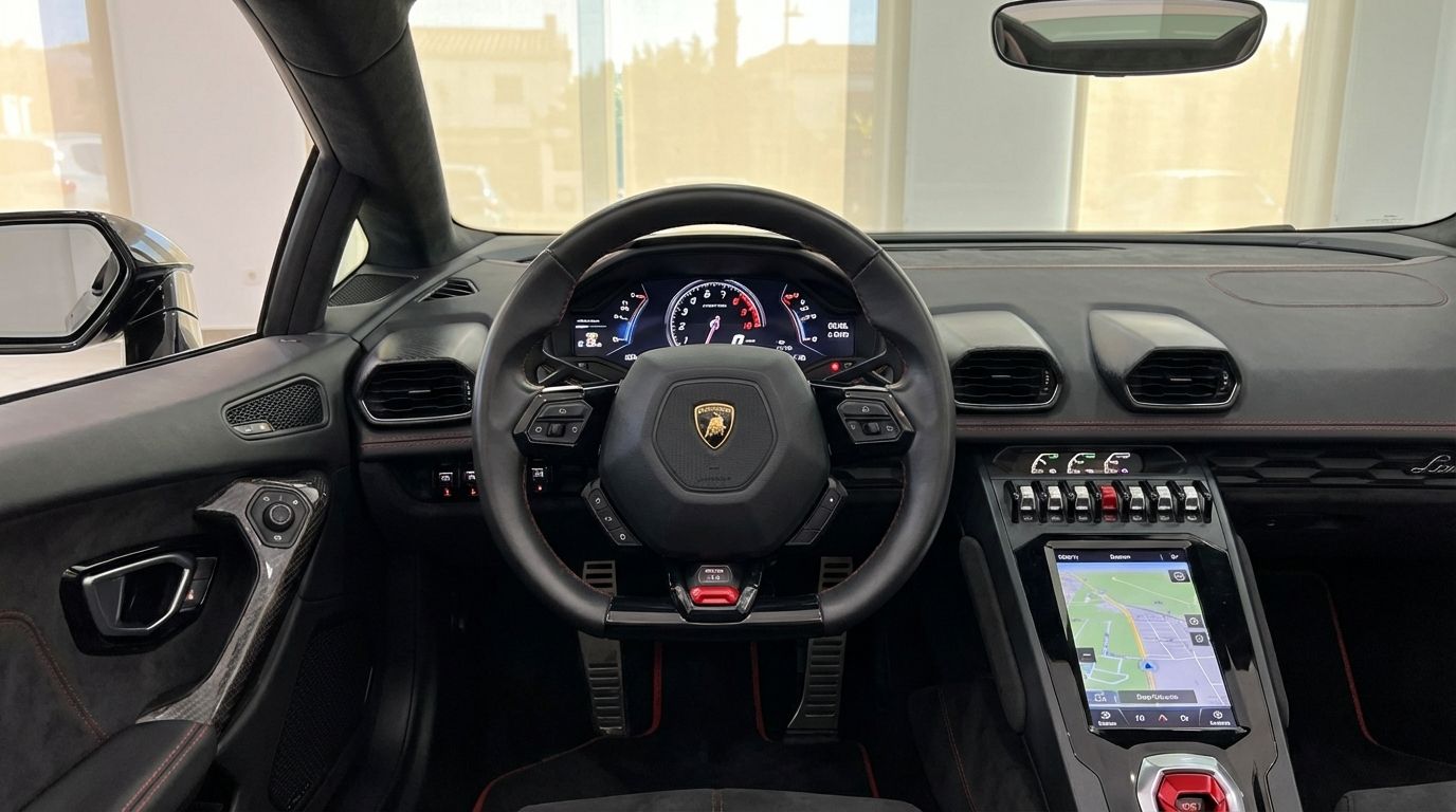 The luxurious black interior of the Lamborghini Huracan Evo Spyder, showcasing the steering wheel, digital dashboard, and infotainment system in Alicante.